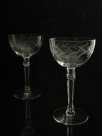 Two clear cut-glass coupe glasses with etched floral patterns, standing on a reflective black surface against a black background.