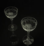 Two clear crystal coupe glasses with etched leaf patterns, displayed on a reflective black surface against a black background.