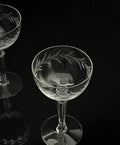 A clear cut-glass coupe glass with etched leaf patterns, shown on a reflective black background with another glass partially visible at the upper left.