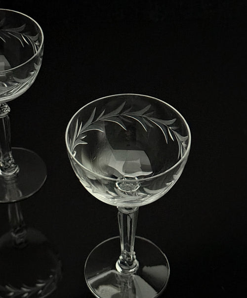 A clear cut-glass coupe glass with etched leaf patterns, shown on a reflective black background with another glass partially visible at the upper left.
