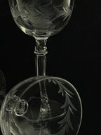 Close-up studio shot of a clear etched glass wine glass against a black background, showing the bowl and stem with decorative leaf-like engraving.