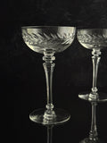 Two clear cut-crystal coupe glasses with etched leaf patterns on the bowls, standing on a reflective black surface against a dark background.