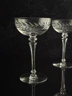 Two clear cut-crystal coupe glasses with etched leaf patterns on the bowls, standing on a reflective black surface against a dark background.