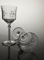 A clear cut-glass wine glass with an etched floral pattern and a ribbed stem, shown standing upright alongside a matching glass viewed from the side on a reflective gray surface.