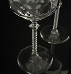 A close-up of a clear cut-glass or crystal stemmed glass with a flared base and decorative etched pattern, photographed against a black background with another similar glass blurred in the background.
