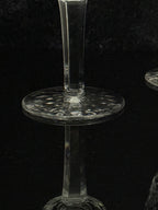 A close-up of a clear cut-glass candle holder or goblet with a circular patterned base and a narrow stem, shown against a dark black background.