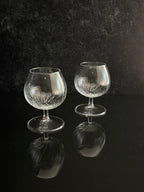 Two clear cut-crystal or glass cognac-style tumblers with stems and circular bases, standing on a glossy black surface against a dark textured background.
