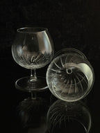 Two clear cut-crystal or glassware pieces on a black reflective surface against a dark background, one standing upright and one lying on its side to show the interior pattern.